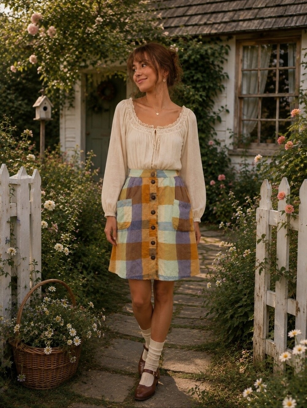 Mata Traders Yellow and Blue Plaid 100% cotton Button Down Retro Skirt Size S